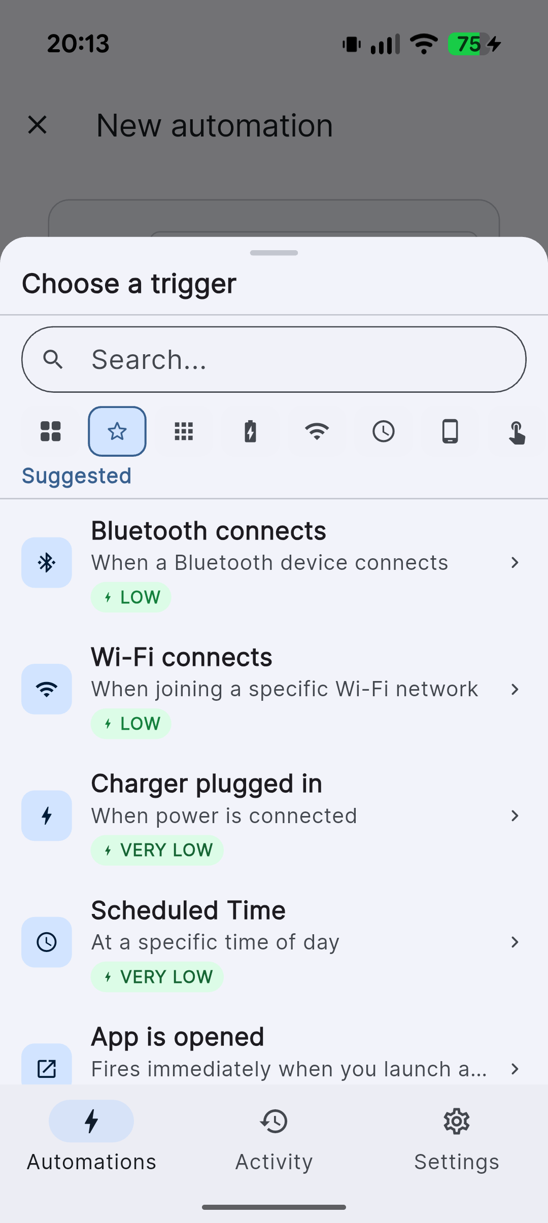 Choose a trigger screen with categories and search