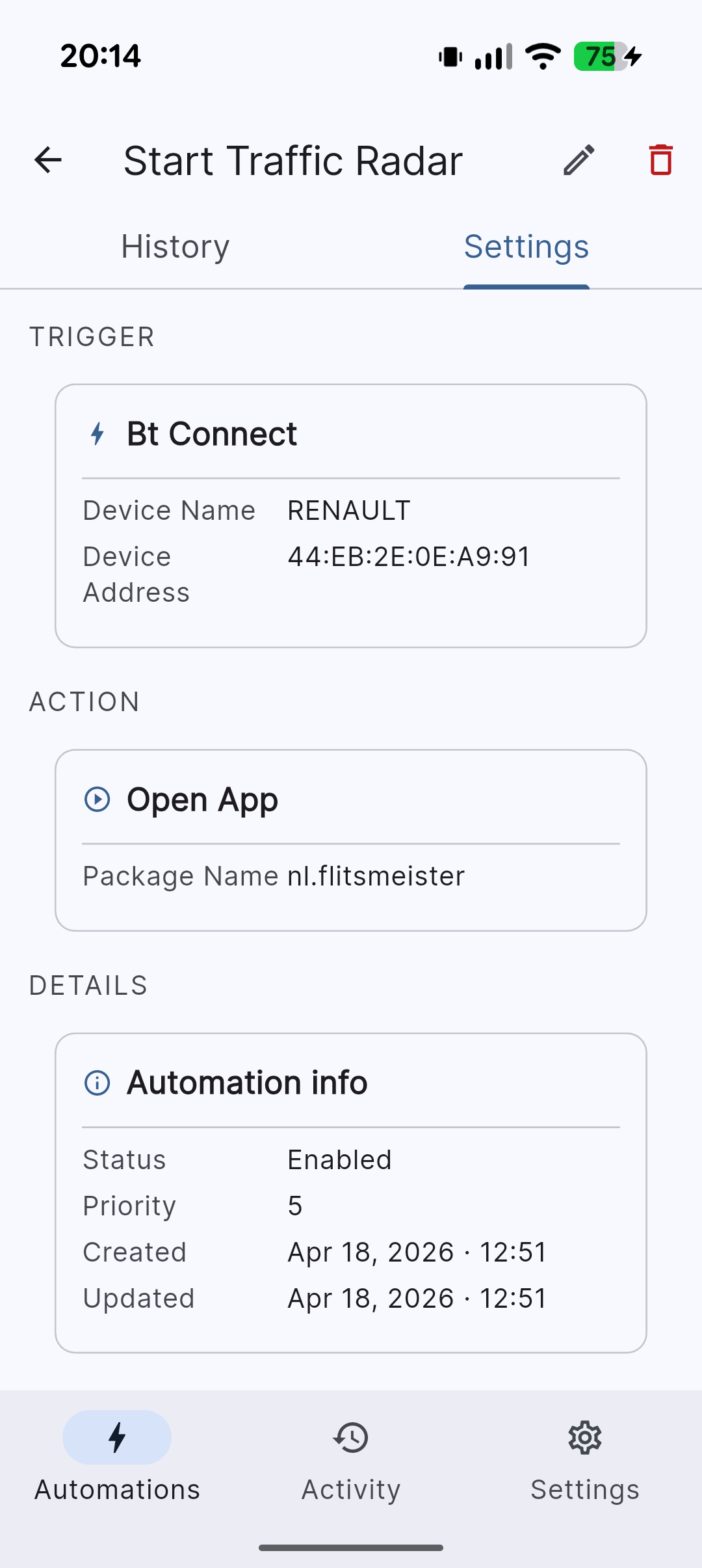 Automation detail view showing trigger and action configuration